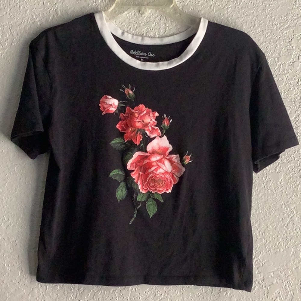Rebellious One Black Crop Top with Pink Floral Design